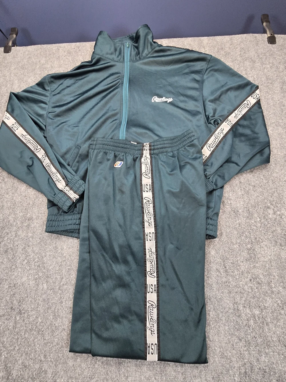 Vintage Rawlings USA Track Suit Set Jacket L Pants M Teal Green Warm Up Athletic